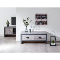 See more information about the Boston Coffee Table Metal & Wood Grey 2 Drawers