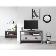 See more information about the Boston TV Unit Metal & Wood Grey 1 Shelf 2 Drawers